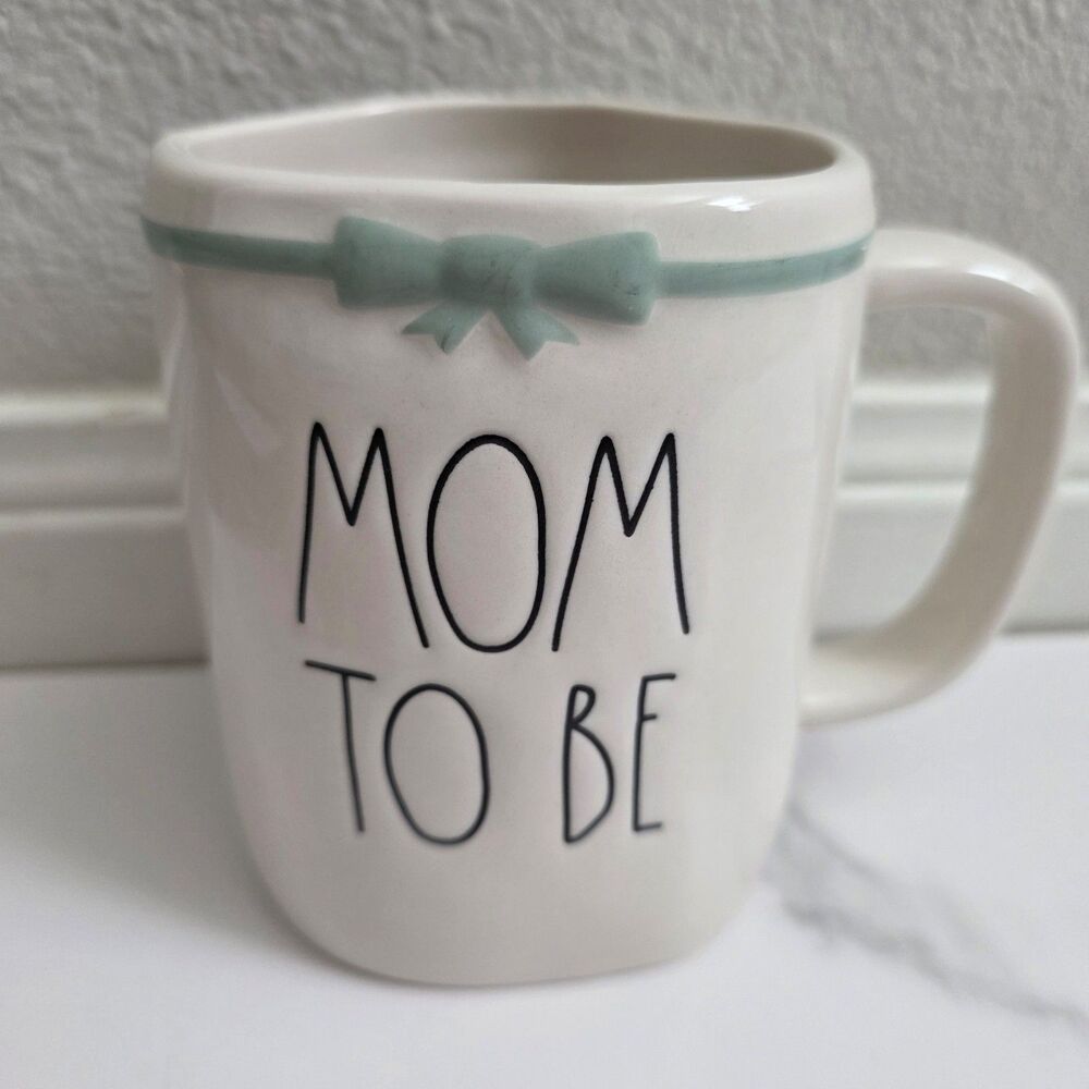 Rae Dunn "MOM TO BE" White Ceramic Coffee Mug Blue Bow Baby Shower Gift Cup